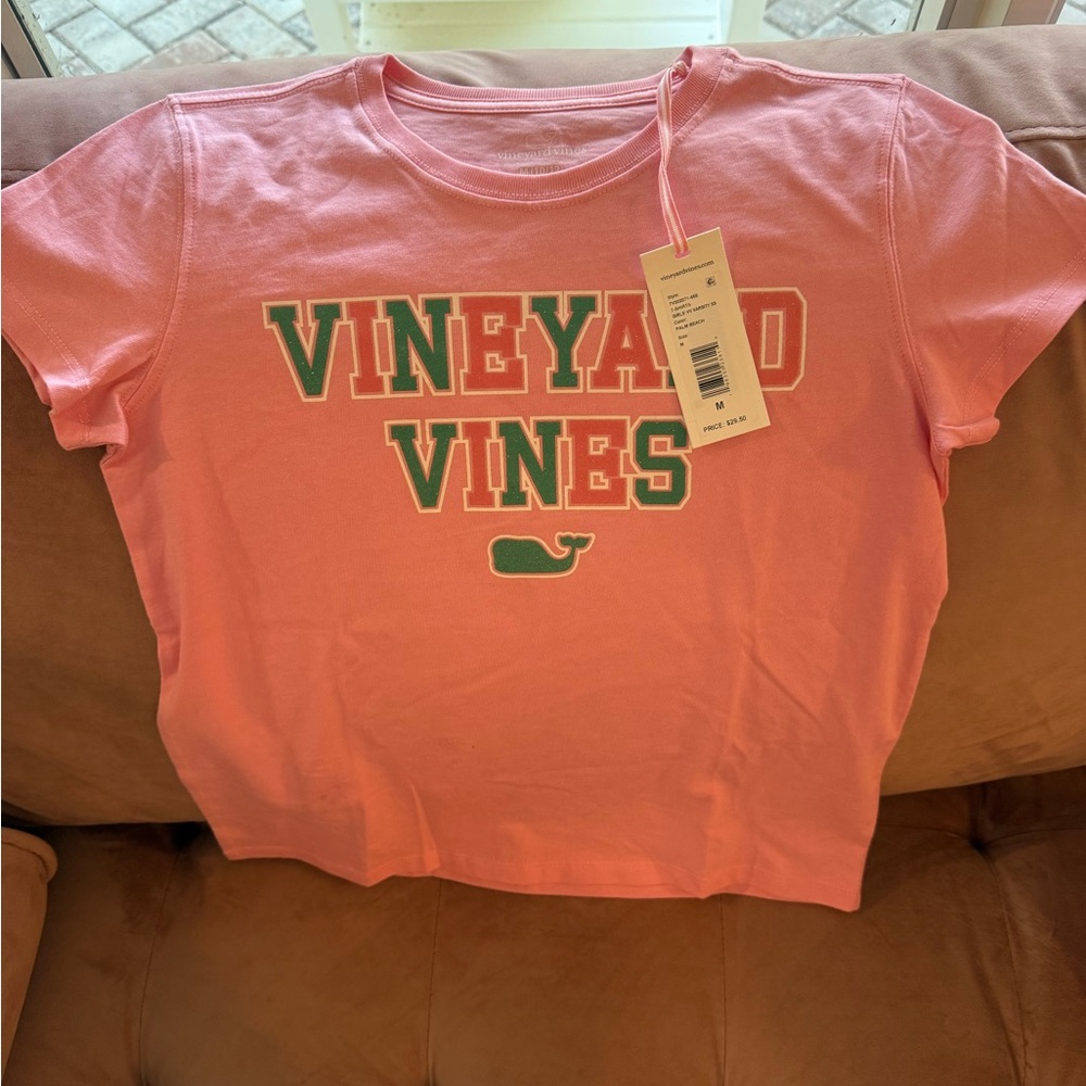 Vineyard Vines Girls V Varsity Tee Pink Palm Beach M (10/12) NWT